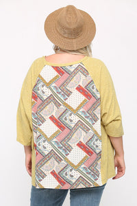 Patchwork Print and Knit Mixed Raglan Sleeve Top