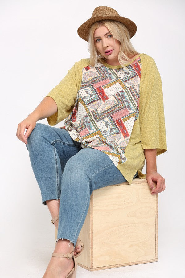Patchwork Print and Knit Mixed Raglan Sleeve Top