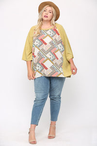 Patchwork Print and Knit Mixed Raglan Sleeve Top