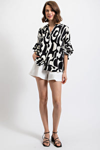 Geometric Print Ruffled Bell Sleeve Woven Top