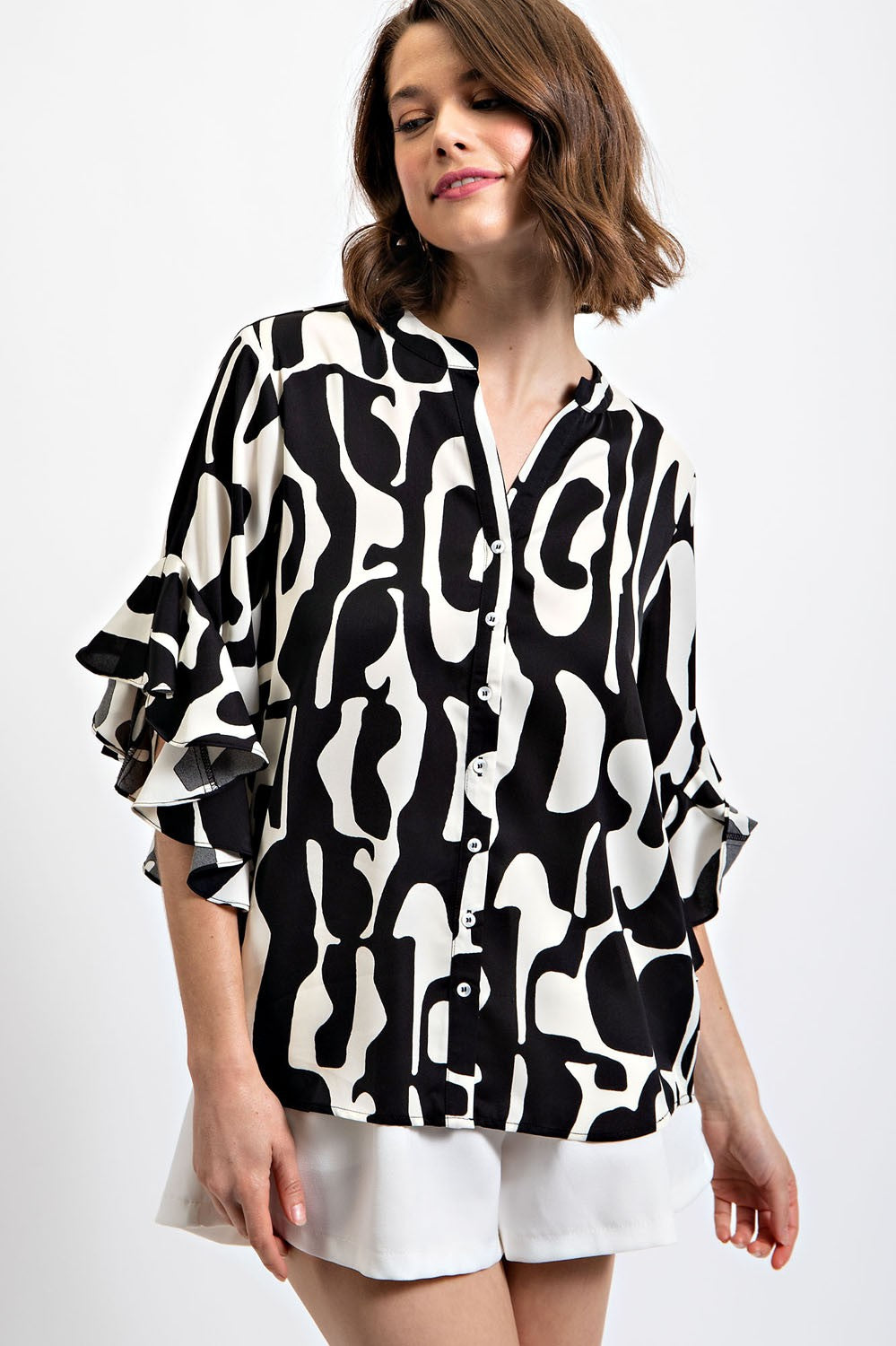 Geometric Print Ruffled Bell Sleeve Woven Top