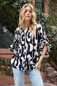 Geometric Print Ruffled Bell Sleeve Woven Top