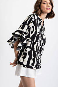 Geometric Print Ruffled Bell Sleeve Woven Top