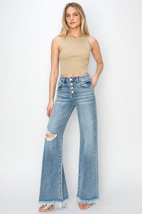 MID RISE BUTTON DOWN WIDE LEG JEANS