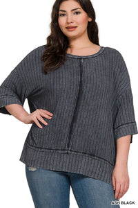 PLUS RIBBED DROP SHOULDER HALF SLEEVE TOP