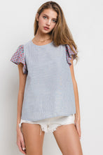 Load image into Gallery viewer, Contrast Striped Flare Sleeve Shirring Blouse Top