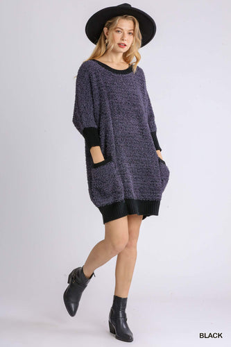 Round Neck 3/4 Sleeve Sweater Dress with Pockets and Ribbed Hem