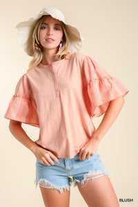 Mixed Print Half Button Down Top with Stripe Batwing Sleeves