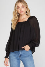 Load image into Gallery viewer, PUFF LONG SLEEVE SQUARED SMOCKED NECK TEXTURED WOVEN TOP