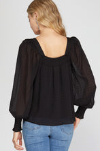 Load image into Gallery viewer, PUFF LONG SLEEVE SQUARED SMOCKED NECK TEXTURED WOVEN TOP