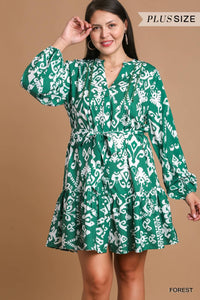 Geo Print , Lace Tape Detailed Dress with Belt Tie